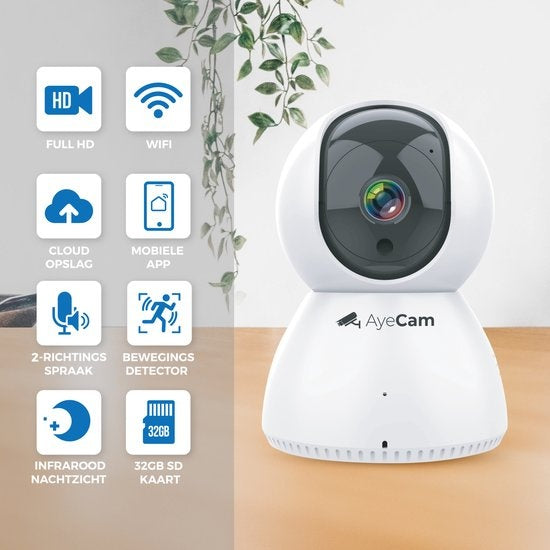 AyeCam Sicherheitskamera - Mit App - WiFi - Bewegungssensor - Inkl. 32GB SD - Kamera Sicherheit - Haustierkamera