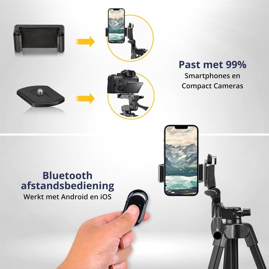 Studio ME Telefonstativ - 136 cm - Stativ Smartphone - Schwarz - Kamerastativ - Telefonhalterung - Inkl. Bluetooth-Fernbedienung - Stativ Telefon