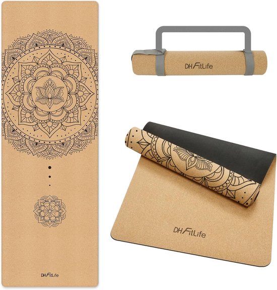 DH FitLife Yogamatte aus Kork – Mandala Harmony – 183 x 61 cm – 6 mm – Mit Tragegurt