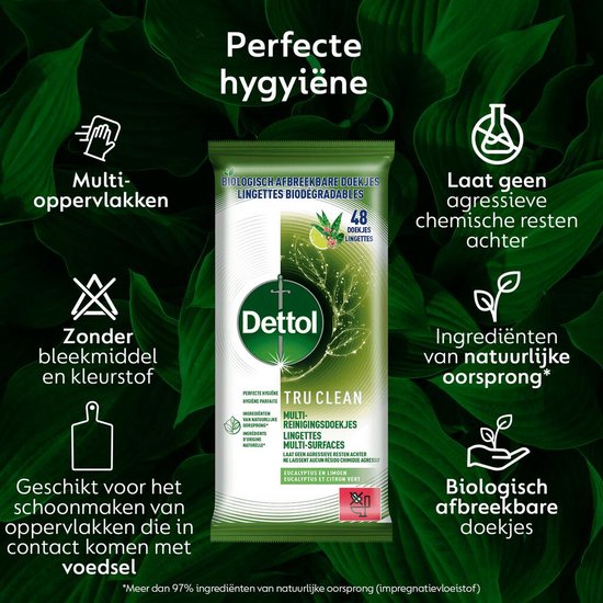 Dettol Tru Clean – Allzweck-Reinigungstücher – Eukalyptus & Limette – biologisch abbaubar – 48 Stück pro Packung