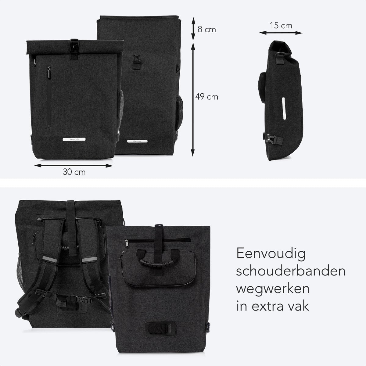 LifeGoods Single Bicycle Bag - Kompakt - Umhängetasche und Rucksack - 25L - Runder Gepäckträger - Wasserdicht - Schwarz