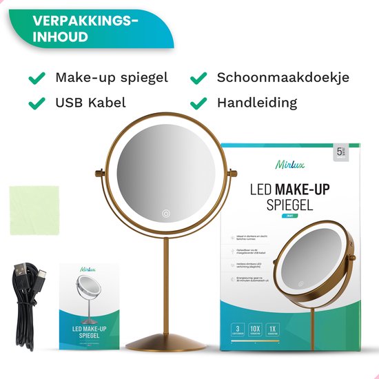 Mirlux Make-up-Spiegel mit LED-Beleuchtung - 10x Vergrößerung Licht - Rasierspiegel klein auf Fuß - 3 Lichtstufen - wiederaufladbar - Vergrößerungsspiegel Gold