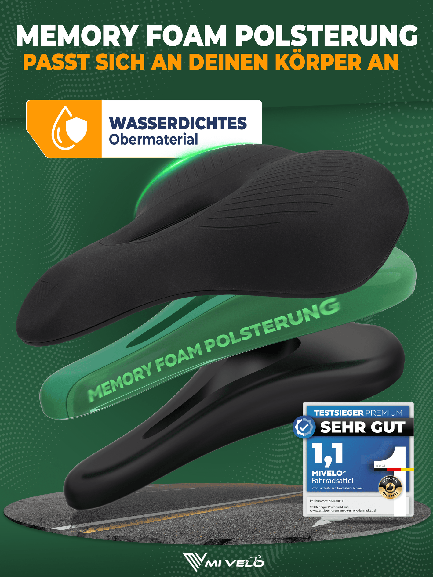 Mivelo Fahrradsattel bequem & ergonomisch mit Memory-Foam 100% wasserdicht "Comfort Pro" City