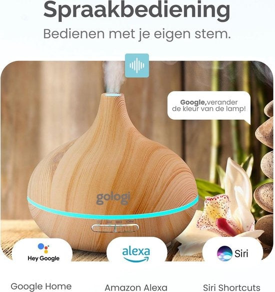 Gologi Slimme Aroma Diffuser - 550ML - Luchtbevochtiger - Geurverspreider - LED verlichting - Incl. 2 Etherische OlieÃƒÃ n - Lichtbruin