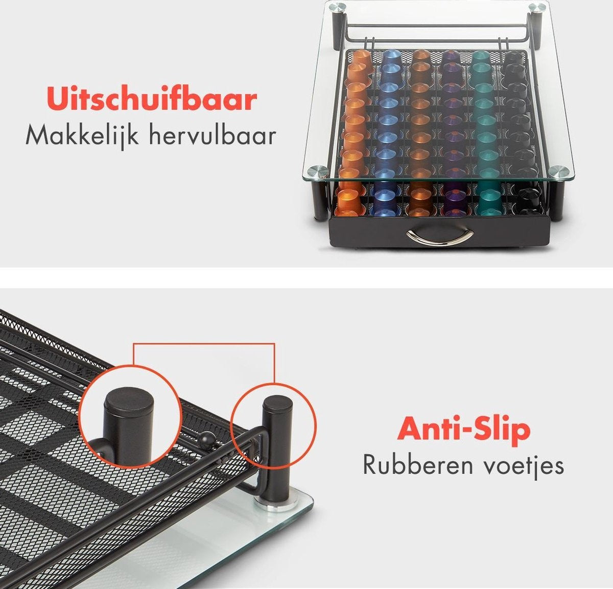 KitchenBrothers Kapselhalter - mit Schublade - Nespresso - 60 Kapseln - Glas - Edelstahl/Schwarz