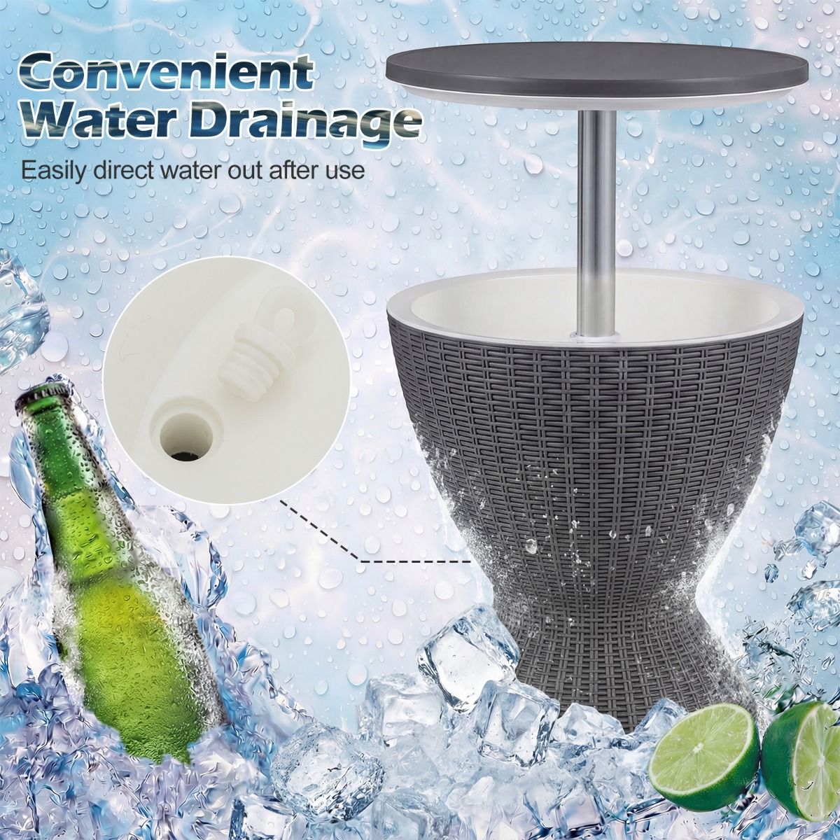 Coast Weinkühler 30 l mit ausziehbarer Tischplatte – verstellbar von 57,5 bis 82 cm – Rattan-Optik – Grau