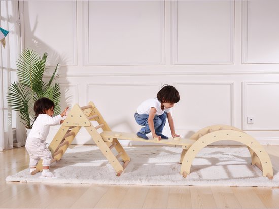 Sunny Charlie 3-in-1-Klettergerüst aus Naturholz – Montessori-Spielzeug – Kletterbogen – Kletterdreieck – FSC Mix