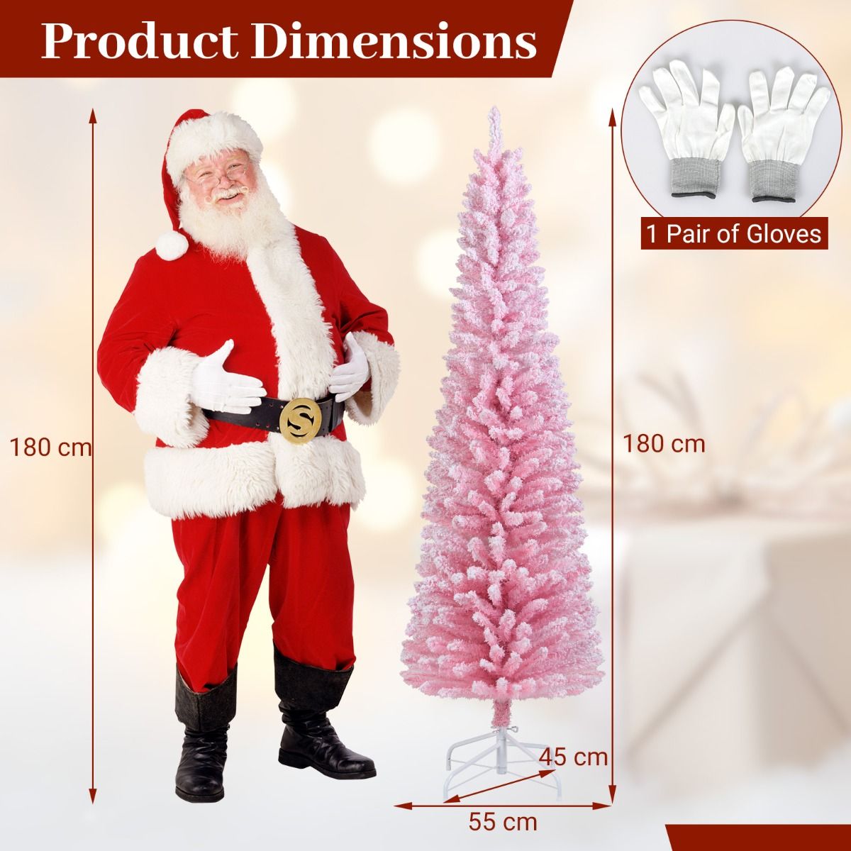 Coast Pink Künstlicher Weihnachtsbaum 180 cm - schlanke Bleistiftform - verschneite Äste - Metallständer