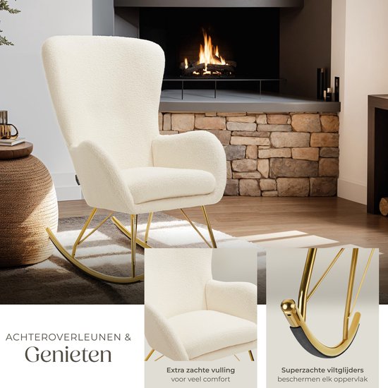 tectake® Swing Schaukelstuhl - gepolsterter Bouclé-Sessel mit Stahlgleitern und extra dickem Sitzkissen - skandinavisches Design, pflegeleicht und ergonomisch - creme/gold