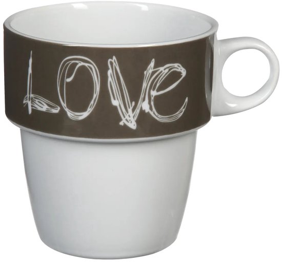 Secret de Gourmet Kaffeetassen/Becher „Love“ – 6 Stück im Metallständer – Keramik – glänzende Oberfläche – 260 ml – 8 x 9 cm