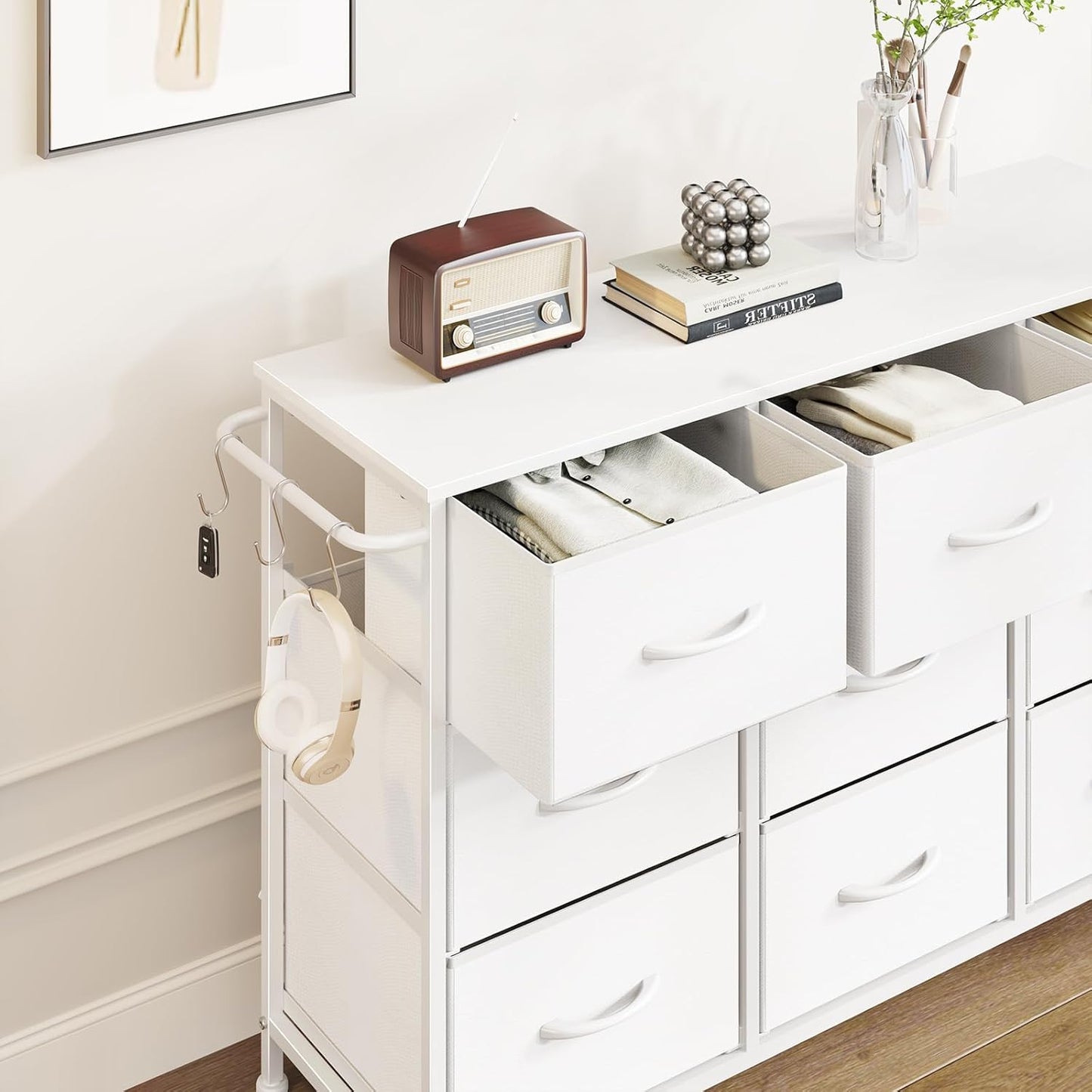 Leader Accessories Kommode mit 9 Schubladen aus Stoff für Flur und Wohnzimmer – 100 x 30 x 65 cm – Weiß