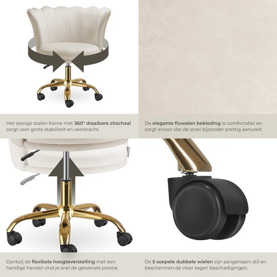 tectake® Bürostuhl - Höhenverstellbarer Drehstuhl mit Samtpolsterung - Ergonomische Schalenform - Stuhl mit Rollen - Esszimmerstuhl auf Rollen - 360° drehbar - Bürostuhl - Weiß