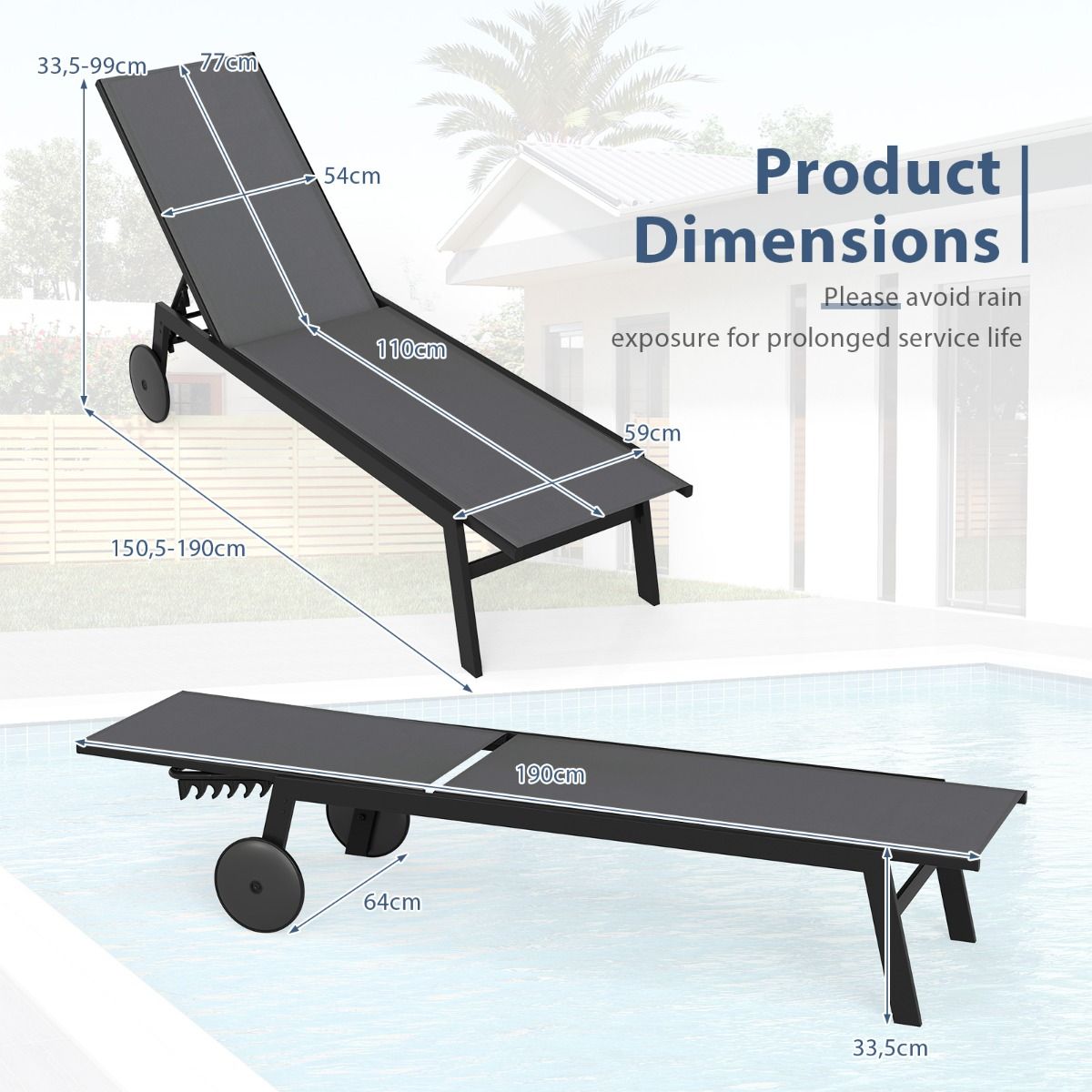 Coast - Garden Lounger on Wheels - 2-tlg. Set - Verstellbare Metall-Liegen mit 6 Ständern - 190 x 59 x 33,5-99 cm - Grau