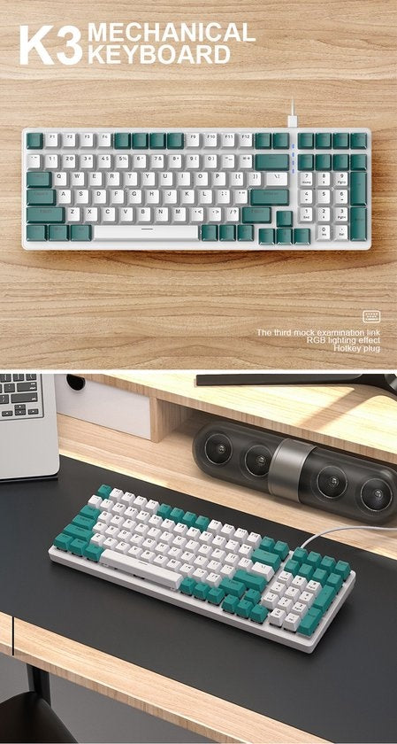 Fuegobird K3 Mechanische Gaming-Tastatur - 100Tasten - Roter Schalter - QWERTY - Mechanische RGB-Hintergrundbeleuchtung - Weiß/Grün