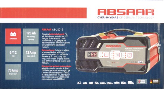 Absaar Batterieladegerät & Starthilfe – 6 V/12 V – 2–12 A Ladestrom – 75 A Starthilfe – 25–120 Ah 12-V-Batterie – AGM, Gel & Blei-Säure