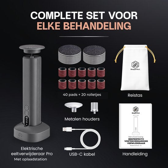 Beeperfect® Elektrischer Hornhautentferner Pro – Fußfeile – Hornhautfeile – Kabellos – Wiederaufladbar – Mit Ladestation – 60 Schleifblätter – Schwarz