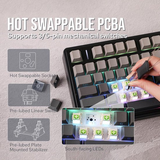 AULA F75 Pro – Kabellose Gaming-Tastatur – Mechanisch – Seitlich bedruckte Tasten – Gasket-Schalter – Hot-Swap – Tri-Mode – QWERTY-Tastatur – 80 Tasten – Schwarz-Grau