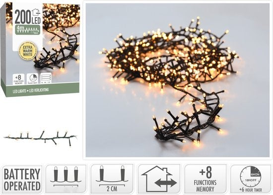 Micro Cluster 200 led - 4m - extra warmweiß - Batterie - Lichtfunktionen - Speicher - Timer