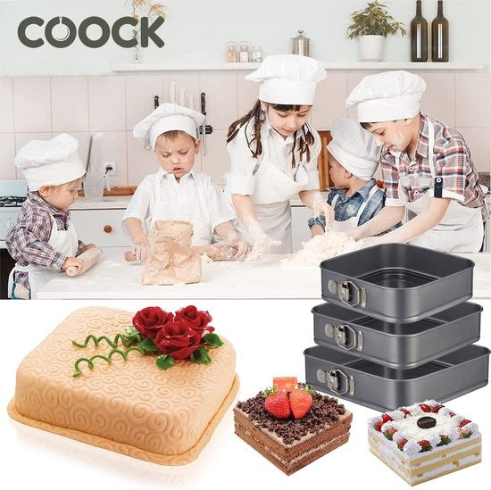 COOCK 3-tlg. Backblech-Set Quadratisch - Springform - Kuchenblech Rechteckig mit Antihaftbeschichtung - 24 bis 28 cm Durchmesser - Kuchenform Inkl. Teigschaber & E-Book
