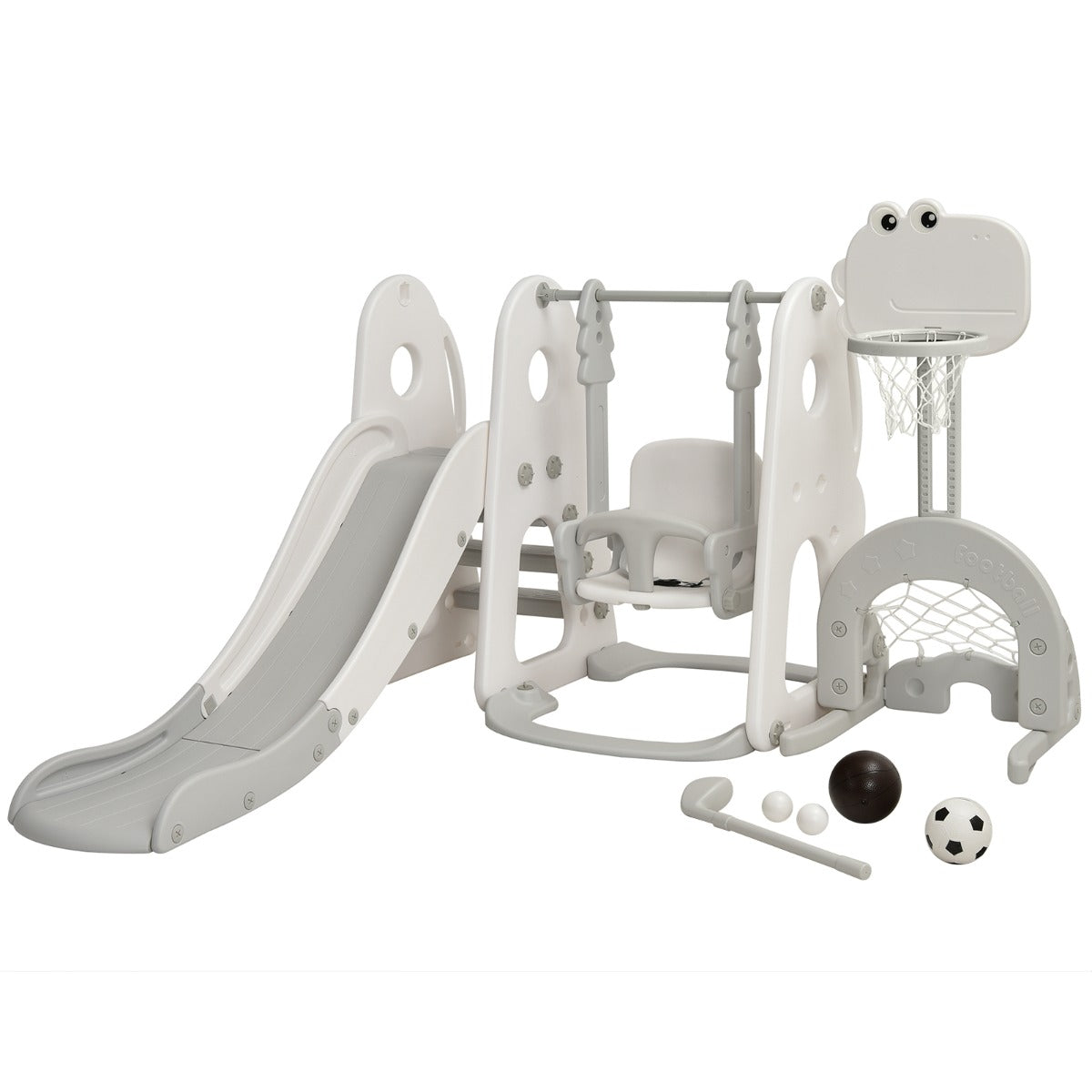 Rutsche und Schaukel Set für Kleinkinder 6-in-1 Spielset mit Kletterrutsche Basketballkorb Fußballtor und Golfloch Grau
