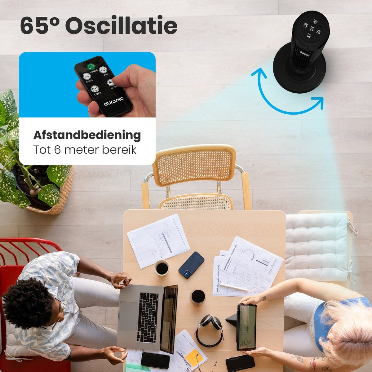 Auronic Tower Fan - Standventilator mit Fernbedienung - Timer - 55W - 45dB - 118cm - Schwarz