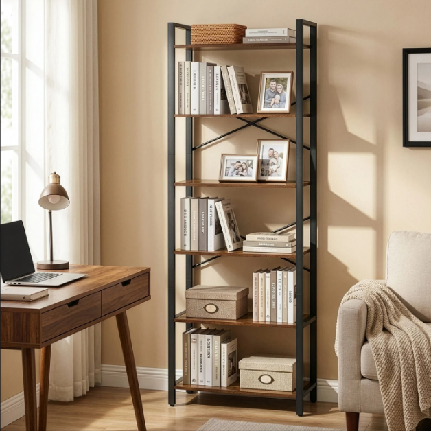 Joyfurnos Bücherregal mit 6 Ebenen – im Industrial-Stil – 30 x 66 x 186 cm – Greige/Schwarz