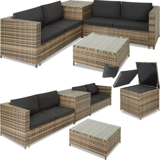 Tectake - Wicker Lounge Set Siena (4 Personen) - Modular, Aufbewahrungsbox, extra dicke Kissen, UV- und wetterbeständig, Stahlrahmen - Natur/Dunkelgrau