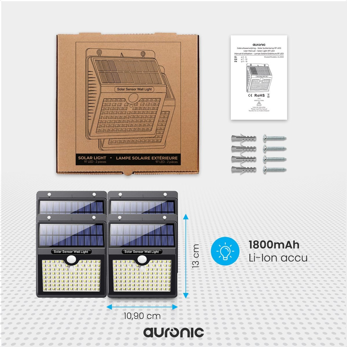Auronic Solar Außenleuchte mit Bewegungssensor - Wandleuchte mit Sensor - Solar - 97 LEDs - IP65 - 4 Stück - Schwarz