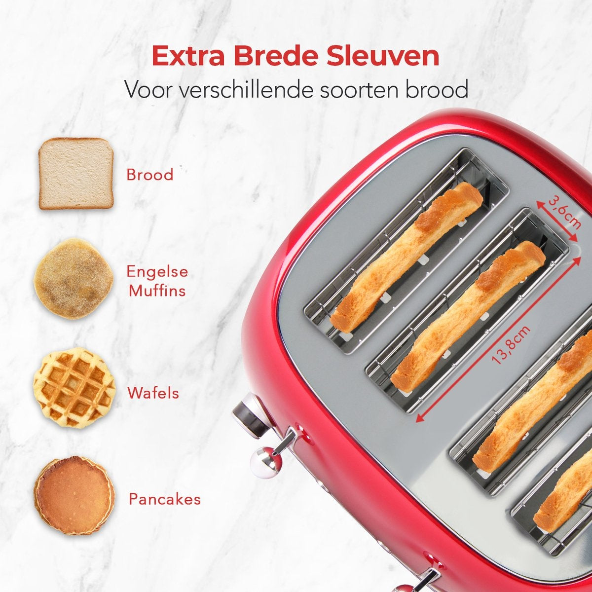 KitchenBrothers Retro-Toaster - 6 Heizstufen - 4 extra breite Schlitze - 1630W - Aufwärm- und Auftaufunktion - Rot
