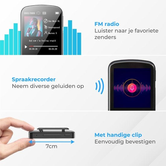 Nuvance - MP3-Player mit Touchscreen und Bluetooth - inkl. Ohrhörer und 32GB SD-Karte - mit Clip - digitaler Sprachrekorder - mit FM-Radio - Schwarz