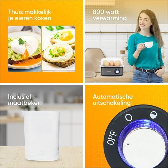 KitchenApp Eierkocher elektrisch - Geeignet für 8 Eier - Mit Zeitschaltuhr - Inklusive Messbecher - Silbergrau