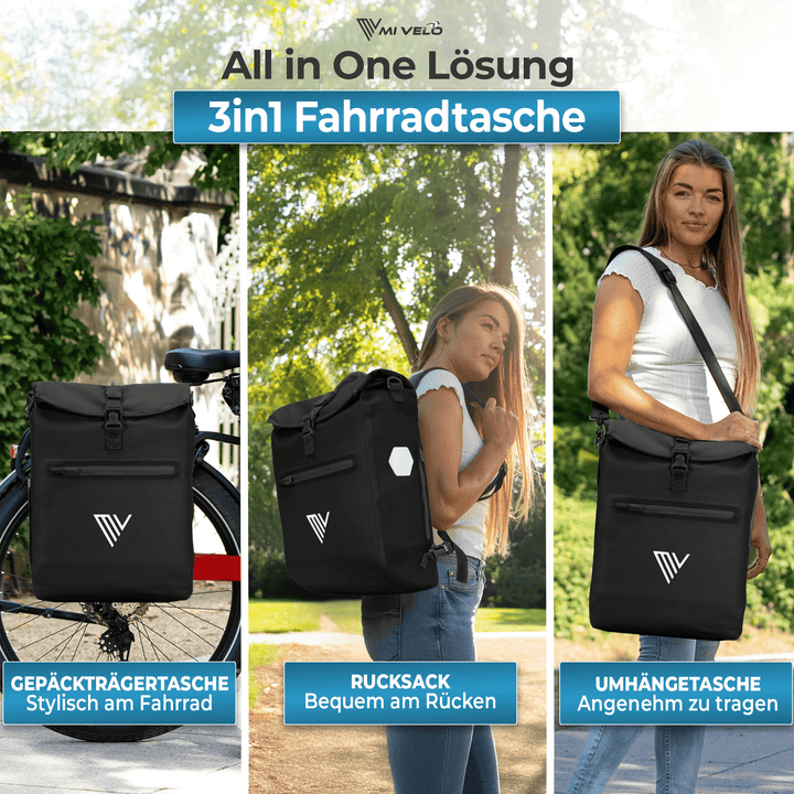 Mivelo LINO 3-in-1-Fahrradtasche und Rucksack – 20 Liter – Schwarz