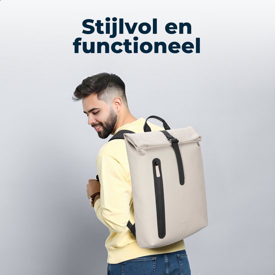 Pathsail Rolltop-Rucksack – 13,5 l – 15,6 Zoll – Beige – Wasserabweisend – Metallschnalle – Laptopfach