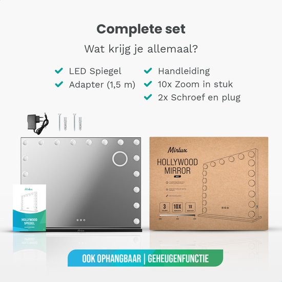 Mirlux Hollywood Mirror 80x60CM - 2 Bluetooth-Lautsprecher - USB & USB-C Ladeanschlüsse - LED-Beleuchtung - Schminkspiegel - 10x Zoom - Aufhängbar - Schwarz