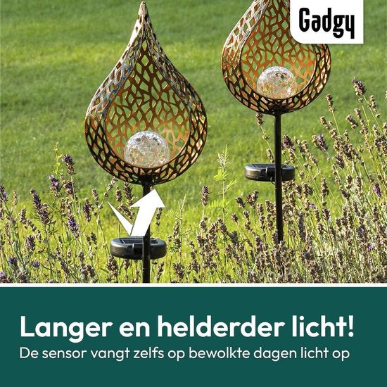 Gadgy Solar Drip mit Erdspieß - Solar Gartenleuchten - 2er Set - 90 cm hoch - Kupferfarbenes Metall - Solar Gartenleuchten - Led Außenbeleuchtung mit Sensor - Gartenfackel - Gartenpfahl