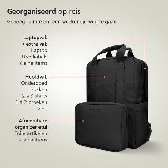 ONYX Rucksack 20L mit Laptop-Fach - Herausnehmbare Organizer-Tasche - Damen und Herren - Laptop-Tasche - Schultasche - Rucksack - Schwarz