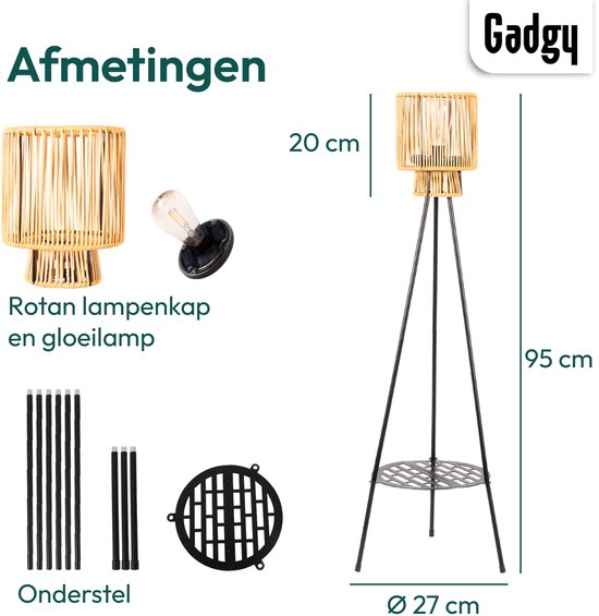 Gadgy Solar-Gartenbeleuchtung, Stehlampe für die Terrasse – Außenlampe mit Solarenergie für Balkon und Garten – Dreifuß-Gartenlampe mit LED-Beleuchtung und USB-Anschluss – Laterne für die Außenbeleuchtung – Braunes Rattan