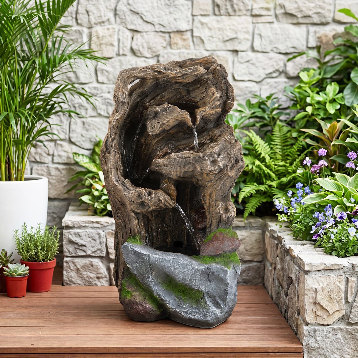 Coast Gartenbrunnen mit 4 Ebenen – LED-Beleuchtung – wetterfest – braun, 26 x 28 x 53 cm