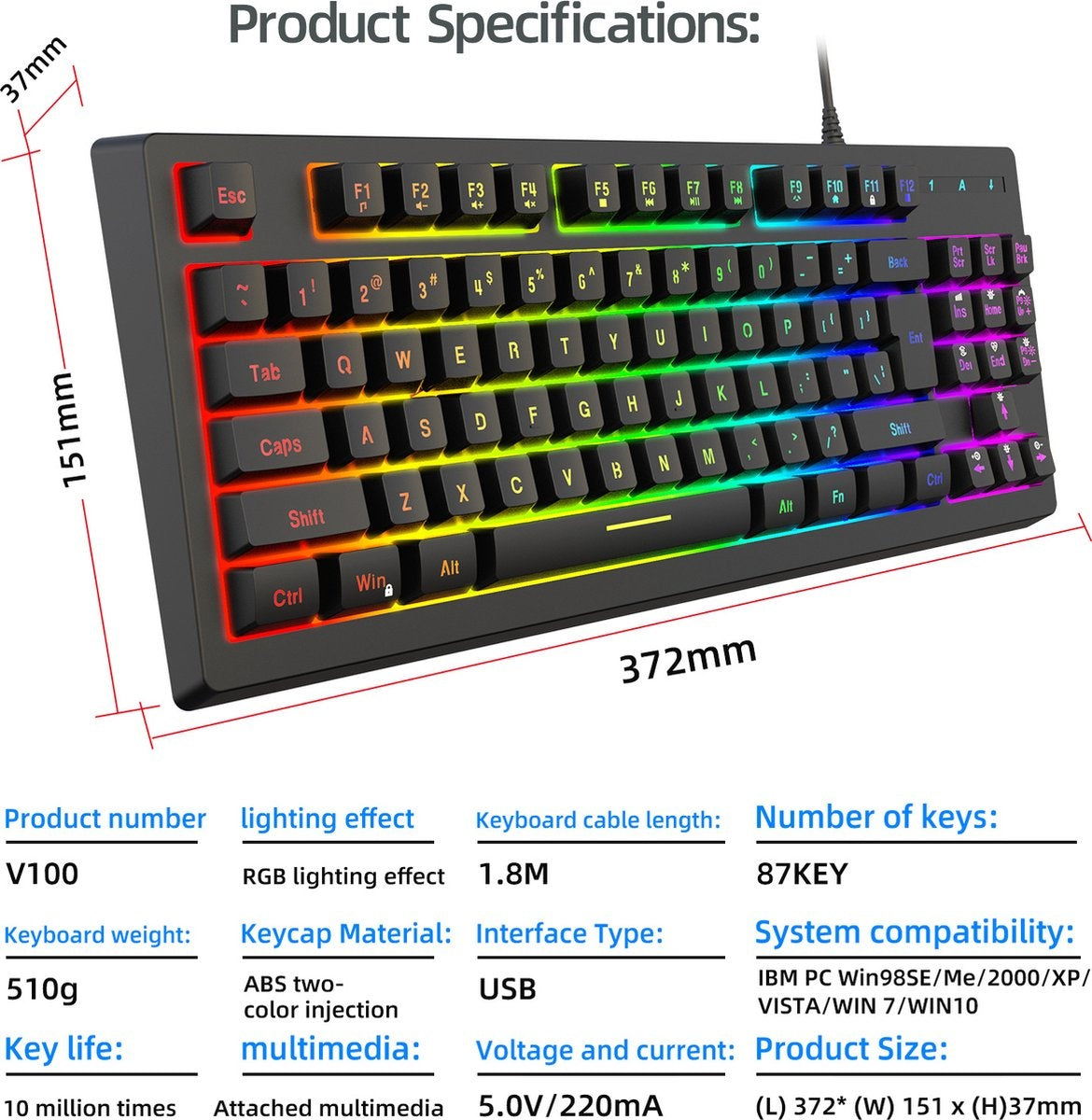 Fuegobird V100 Wired Gaming Keyboards - Membrantastatur - RGB Beleuchtung - TKL - 87 Tasten - Schwarz