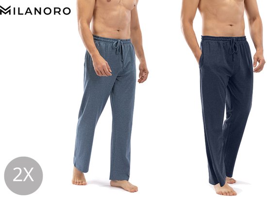 Milanoro - 2er-Set Herren-Pyjamahose aus Baumwolle - Navy/Blau uni - XL