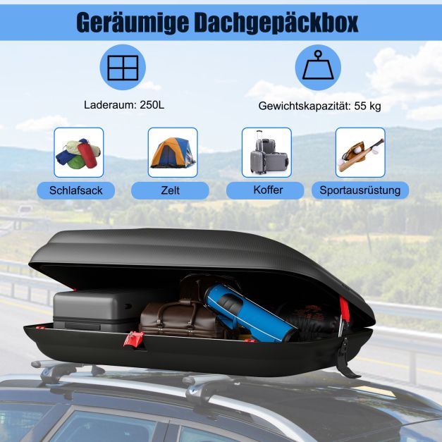 Coast Dachbox 250 Liter – Abschließbare Autodachbox mit Zentralverriegelung, Schlüsseln und Spanngurten – Schwarz