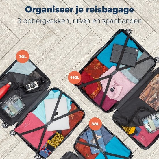 TRVLMORE - Kofferset - 3 Stück - 38L (Handgepäck) + 70L + 110L - Schwarz