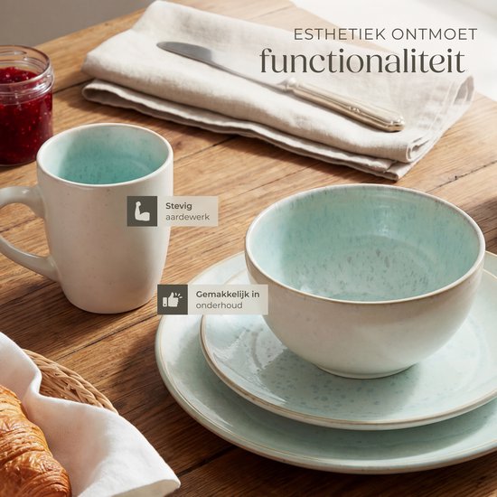 tectake® Geschirrset Mare – 30-teilig – Steingut mit glänzender Glasur - Für 6 Personen - Handgefertigtes Geschirr - Modernes Geschirrset mit großen und kleinen Tellern, Schüsseln, Schälchen und Tassen - Spülmaschinen- und mikrowellengeeignet - Münze