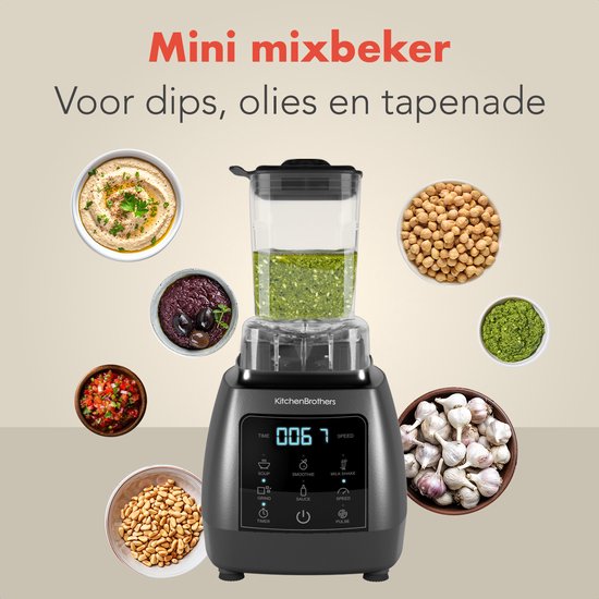 KitchenBrothers 2-in-1 Power Blender - 1600W - 2L - Komplettset mit Zerkleinerer und To-go Becher - Smoothie Maker - Ice Crusher - Metallic Grau