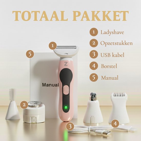 Ladyshave für Frauen - 5 in 1 Rasierer - Bikinizone - Achseln - Beine - Gesichtshaar - Nasentrimmer - Zeri