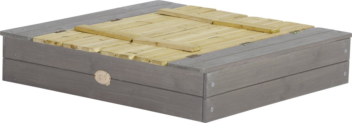 AXI Ella Sandkasten aus Holz 100 x 95 x 20 cm – Grau/Braun – Mit Deckel und 2 Sitzbänken – FSC-zertifiziertes Hemlock-Holz