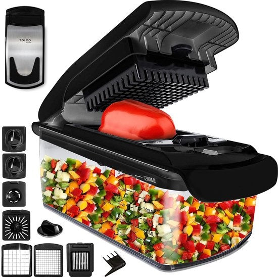 Toivo Kitchen Gemüsehobel - Multifunktional - Schwarz - 11 in 1 Küchenmandoline - Manuell - Küchenhobel - Zwiebelhobel - Spiralschneider - Chipsschneider - Reibe
