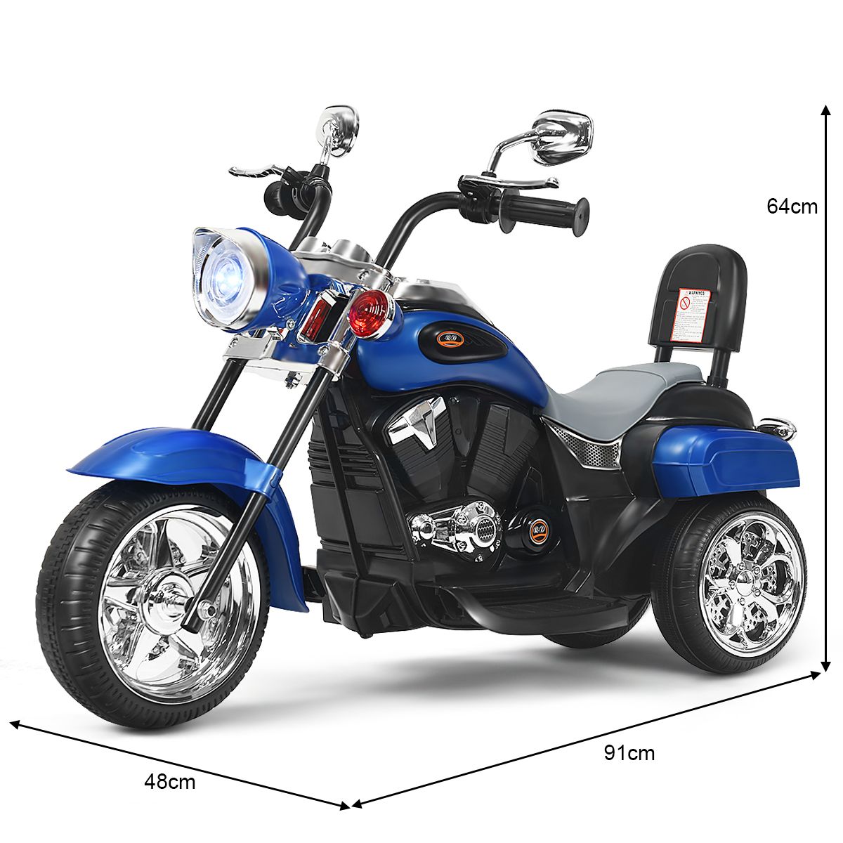 Coast Elektromotorrad für Kinder – Chopper-Stil – Verstellbarer Scheinwerfer – Musikfunktion – Blau und Schwarz – 91 x 48 x 64 cm