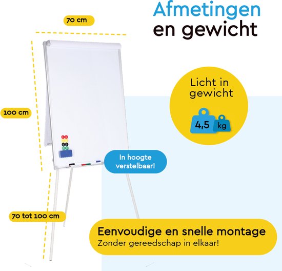 BRASQ Flipchart - 70x100cm - Verstellbares Whiteboard - Inklusive 25 Blatt Papier, 4 Marker, 8 Magnete, Radiergummi - Magnettafel mit Haken - Magnettafel - Aluminium