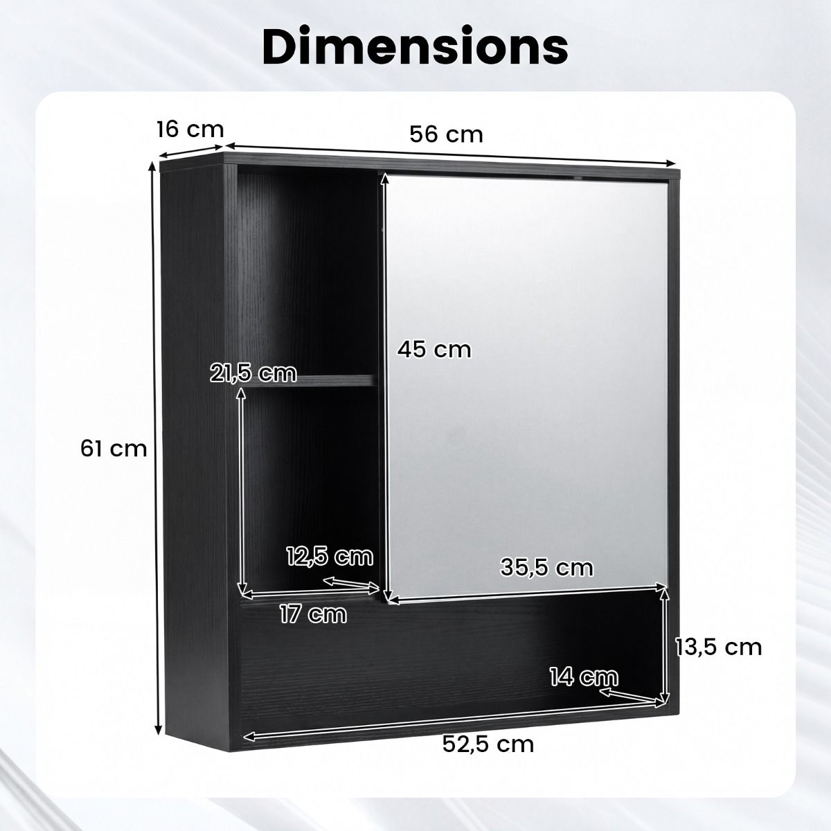 Coast Spiegelschrank Badezimmerschrank mit Spiegeltür – Schwarz – 56 x 16 x 61 cm